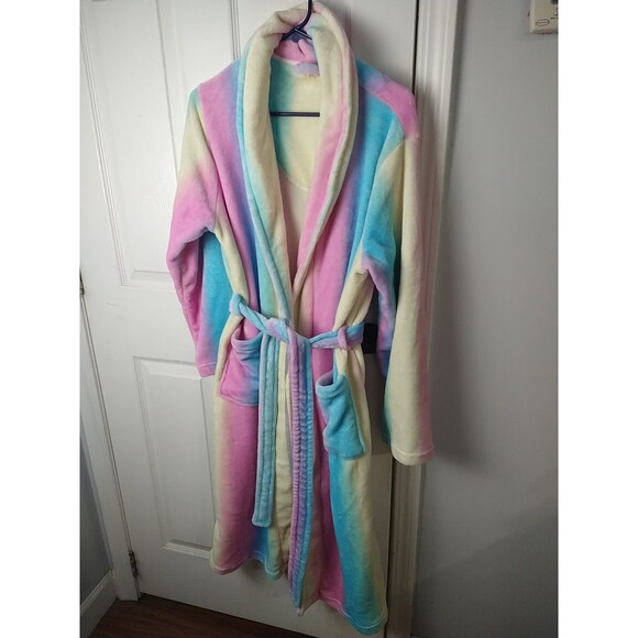 Rongtai Woman L Rainbow Unicorn Plush Pocket Long Robe Long Sleeve Casual Lounge - Picture 2 of 8